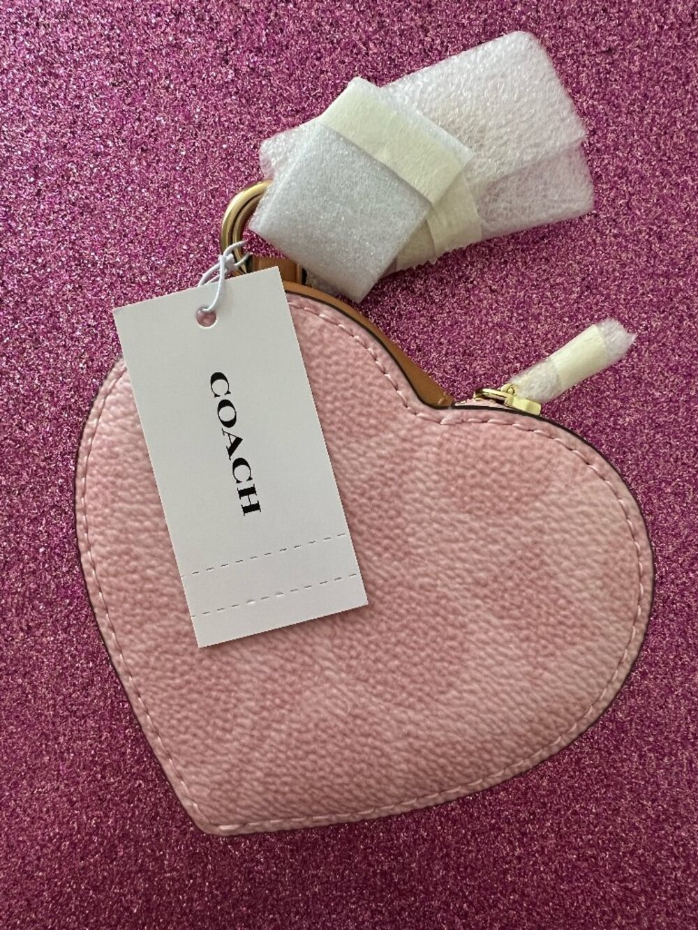 NWT Coach Heart Bag Charm in Signature Canvas powder pink color